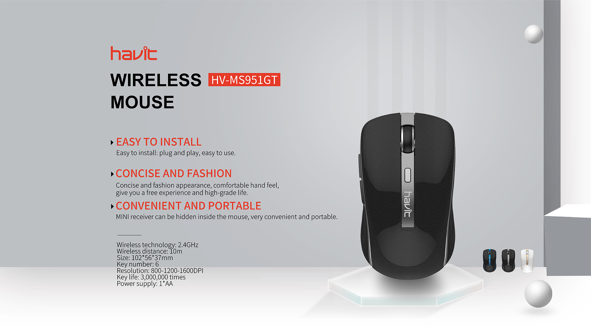 HAVIT MS951GT 2.4G Wireless Mouse with Built-In Auto Sleep Function